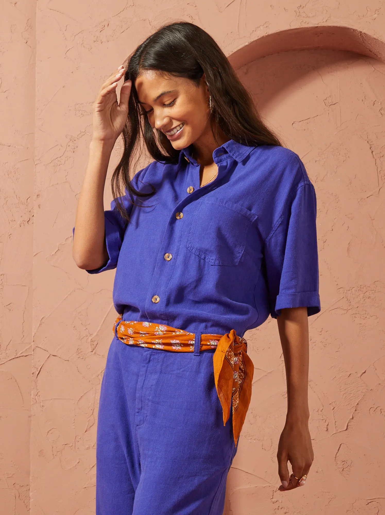 Tuta in misto lino a maniche corte - Unisex - BLU