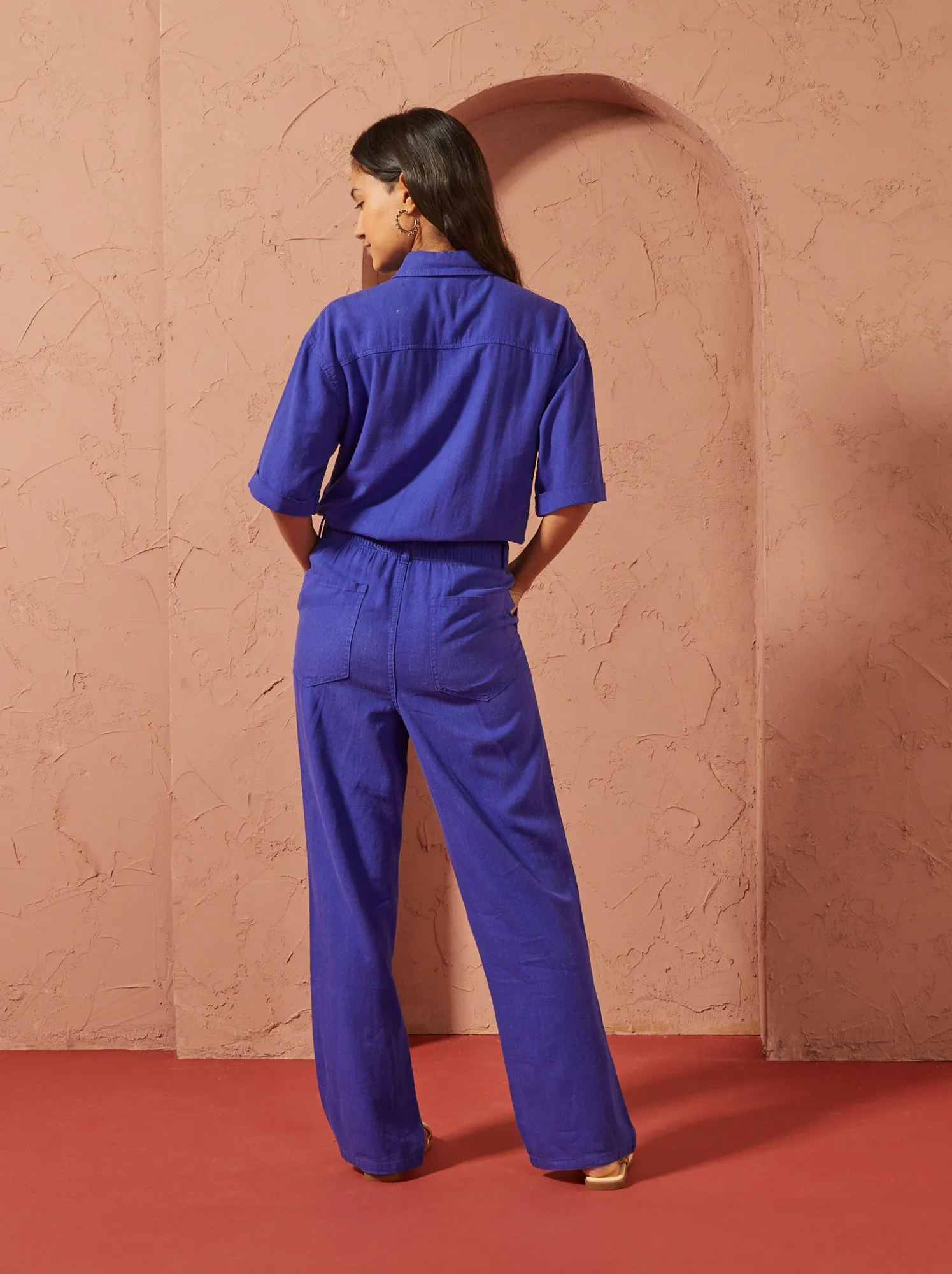 Tuta in misto lino a maniche corte - Unisex - BLU